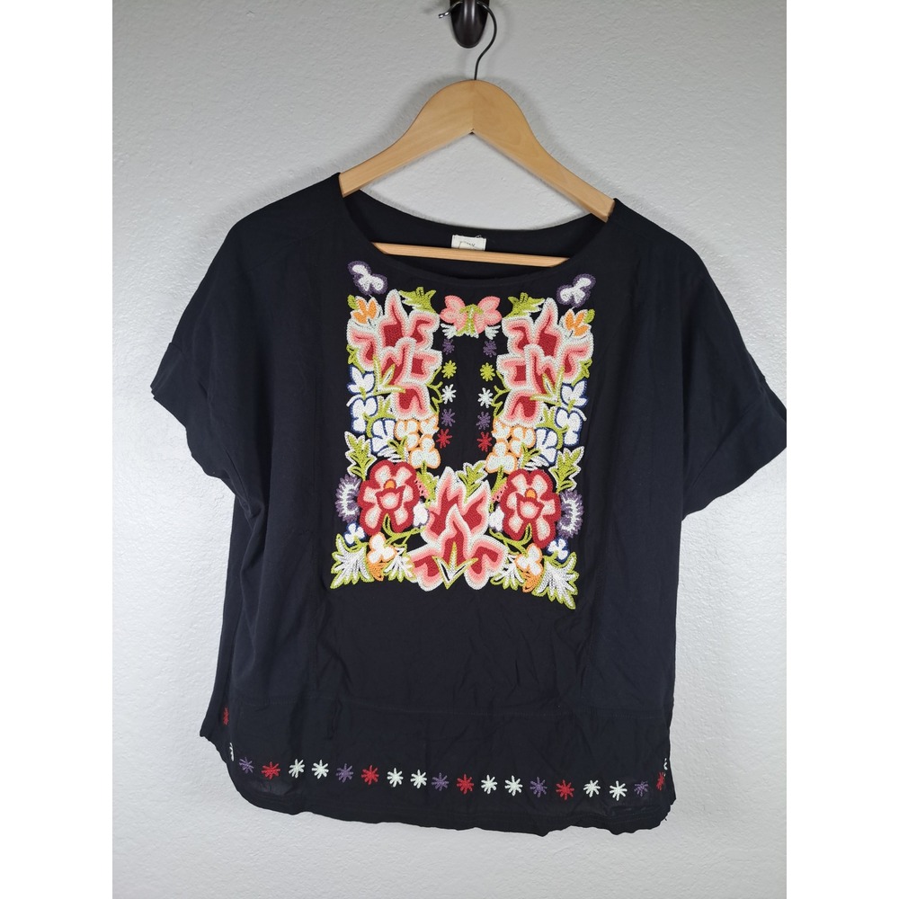 Anthropologie Tiny Black Floral Embroidered Cotton Short Sleeve Top XL RN104537